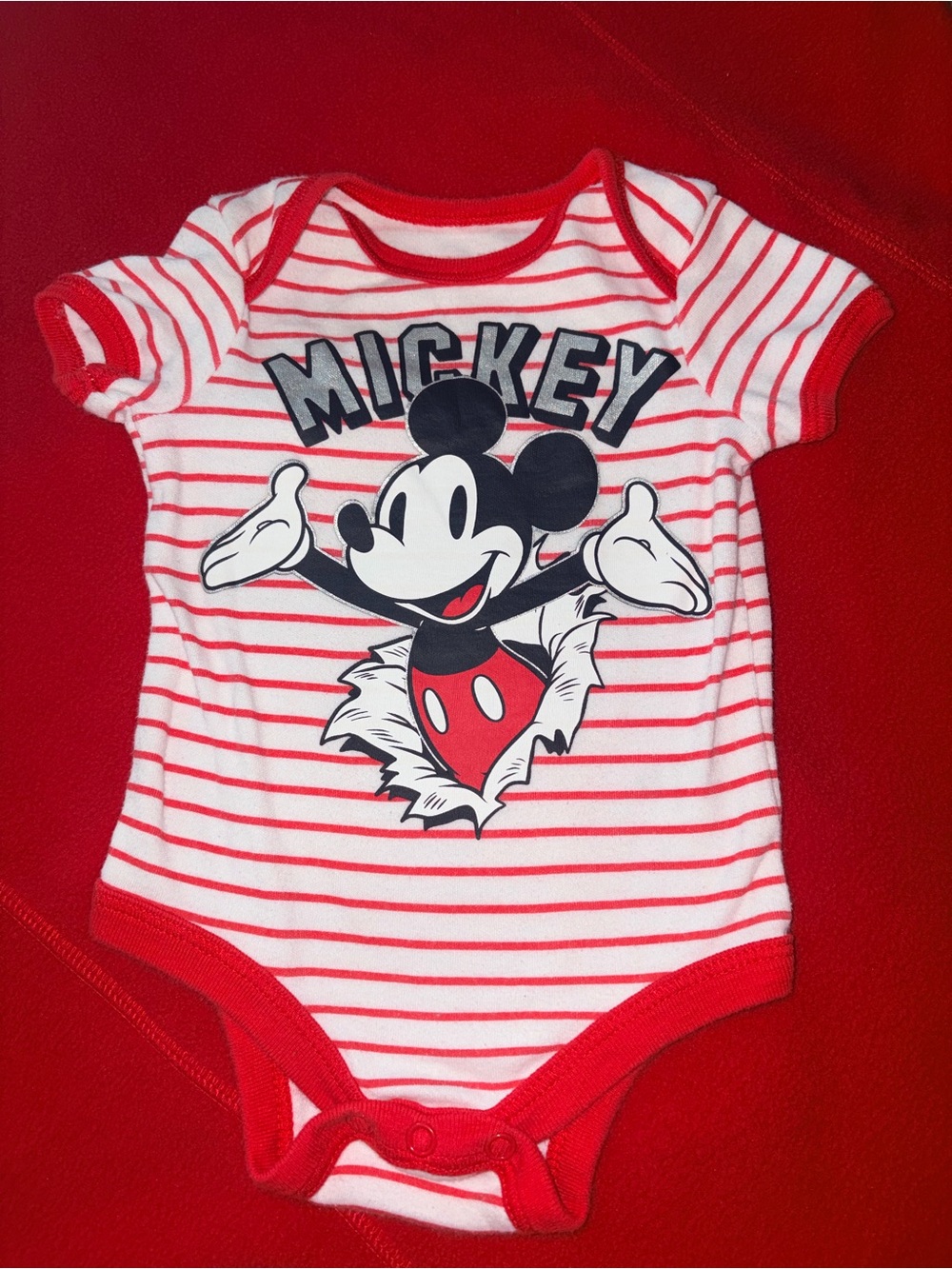 Disney Red & White Striped Mickey One-Piece Bodysuit
